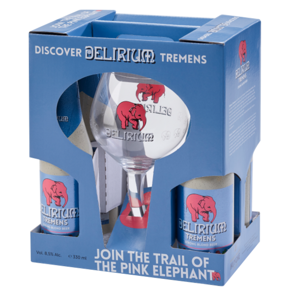 Delirium Gift Set with Glass - 4 x Delirium Tremens 330ml Bottles and Signature Delirium Beer Glass